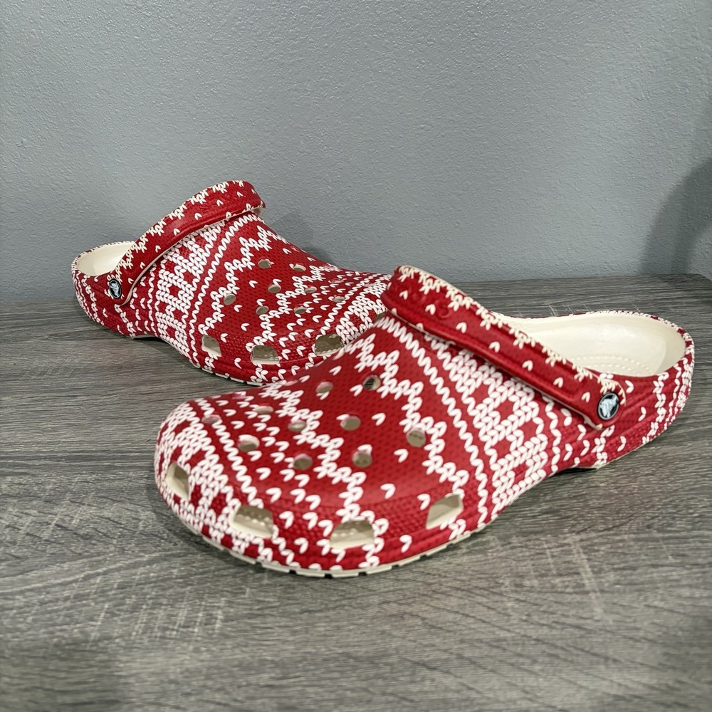 Crocs Christmas Red/White Classic Holiday Sweater Clogs Mens Size 13